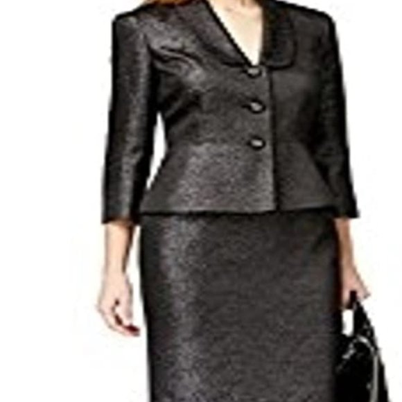 Kasper Three Button Textured Metallic Skirt Suit Black/Silver SZ 10 - Picture 1 of 5